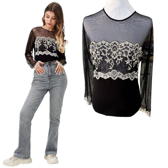 Ritratti Milano Italian Black Sheer Lace Bodysuit Blouse EUC made in italy LARGE - Picture 2 of 6